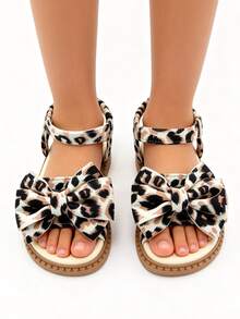 1 Pair Bohemian Style Fashion Kids Summer Sandals, Girls' Flat Beach Sandals With Leopard Print Bow Adjustable Design, Breathable Lightweight Soft Non-Slip Durable Sole, Suitable For Banquet, Party, Wedding, Vacation, Daily Wear - Multicolor - View 3