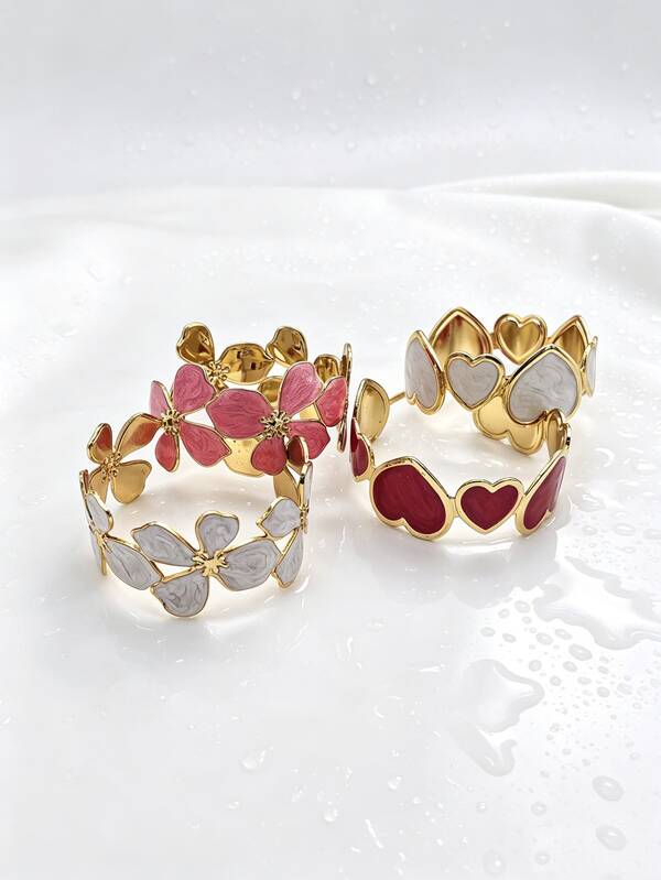 1 pieza Brazalete abierto personalizado de acero inoxidable chapado en oro con diseño de flor y corazón, accesorio de moda casual unisex para días festivos