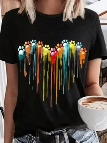 Huella de color vibrante con trazos que caen como pintura simbolizando amor por los animales y energía positiva camiseta de mujer casual moderna cómoda para uso diario - Negro - Ver 1