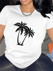 Two Intertwined White Palm Trees Evoke The Tranquility And Freshness Of A Tropical Afternoon By The Sea With A Gentle Breeze And A Feeling Of Freedom. Comfortable Casual Women's T-Shirt For Summer - 白色 - 查看 1