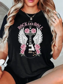 A Winged Guitar Surrounded By Roses Symbolizes Freedom, Passion, And The Energy Of Classic Rock, Inspiring Strength And Attitude In Every Moment. A Modern, Comfortable, Casual Women's T-Shirt For Everyday Wear. - 黑色 - 查看 6