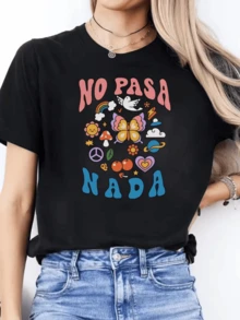 Colorful Butterfly Drawings Surrounded By Cherries, Peace Symbols, Rainbow Flowers, Cloud, Dove And Heart Expressing Serenity, Optimism, Freedom And Positive Energy. Women's Casual Modern Comfortable T-Shirt For Everyday Wear - 黑色 - 查看 1