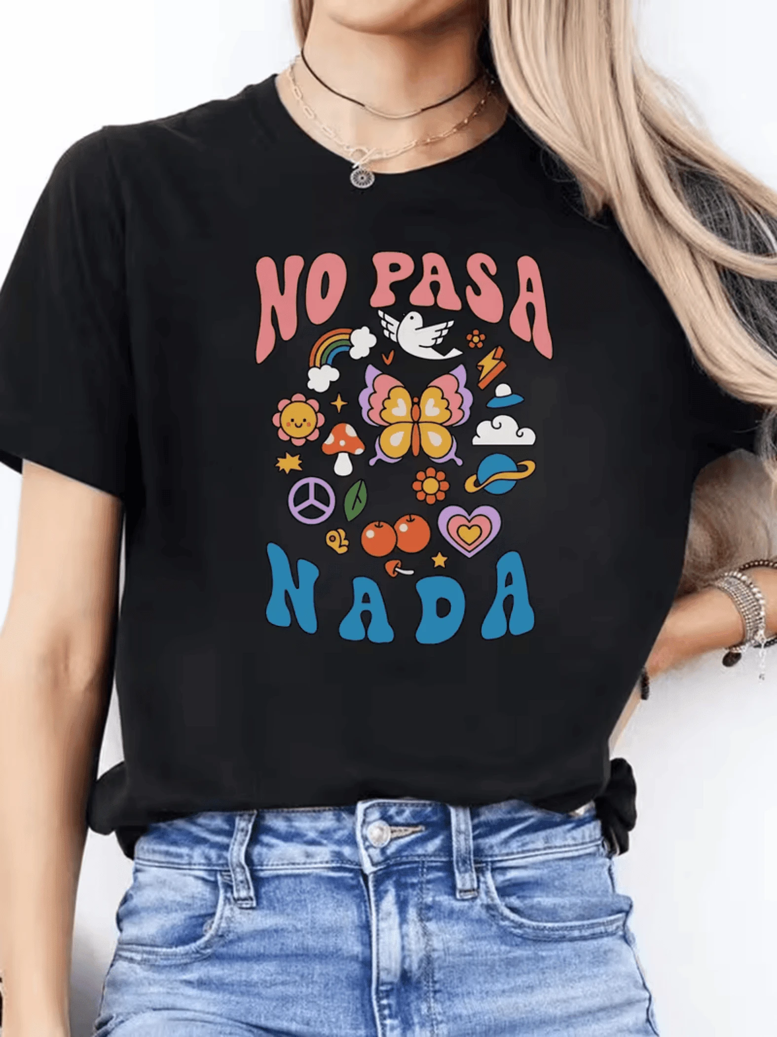 Colorful Butterfly Drawings Surrounded By Cherries, Peace Symbols, Rainbow Flowers, Cloud, Dove And Heart Expressing Serenity, Optimism, Freedom And Positive Energy. Women's Casual Modern Comfortable T-Shirt For Everyday Wear - 黑色 - 查看 1
