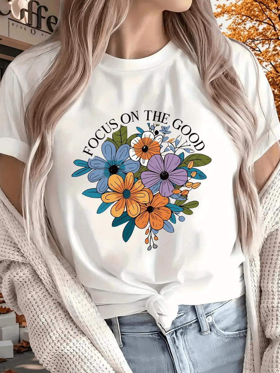 Ramo de flores coloridas que simbolizan optimismo renovación y energía positiva con mensaje inspirador que invita a mantener una actitud alegre y esperanza en cada día camiseta de mujer casual moderna y cómoda para uso diario - Blanco - Ver 1