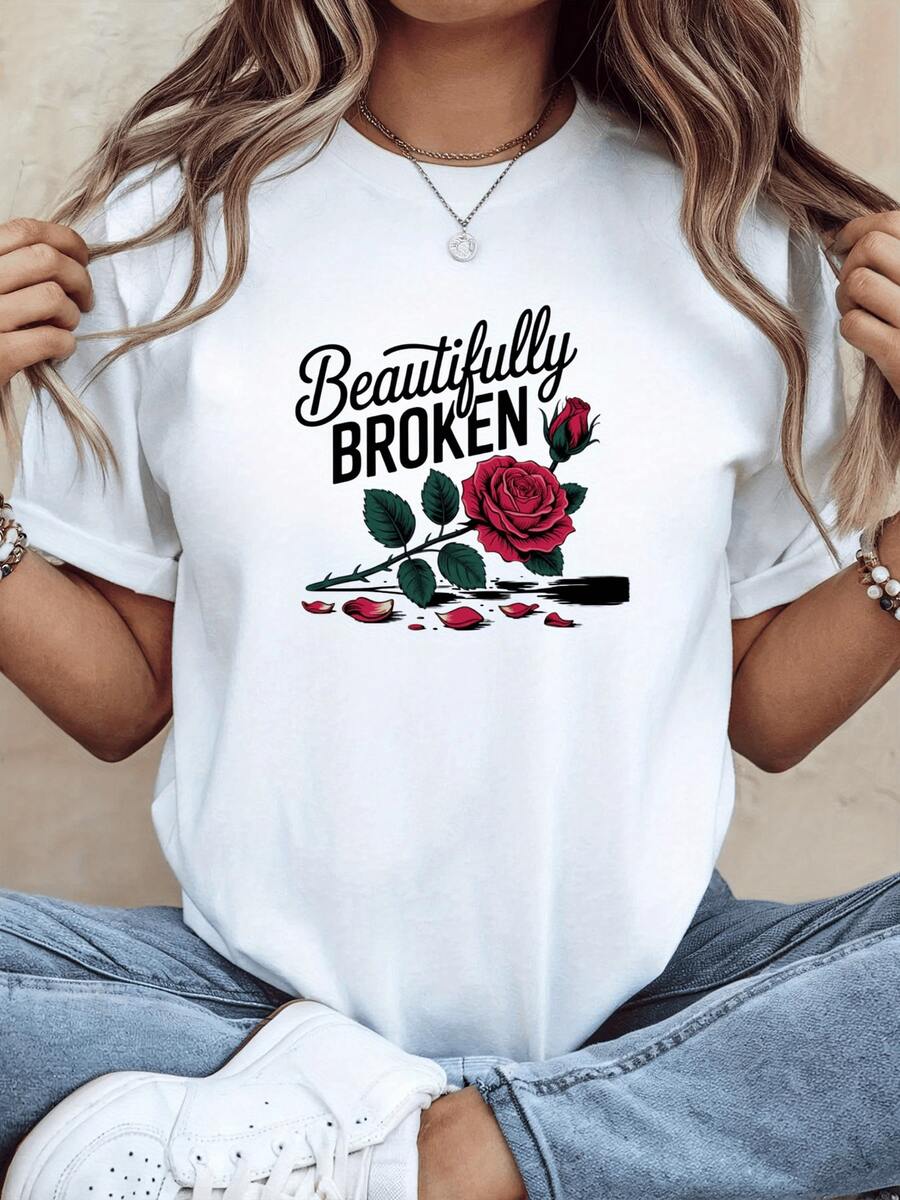 Red Rose Symbolizing Strength And Inner Beauty With Fallen Petals Representing Resilience And Rebirth After Wounds. Comfortable, Casual, Modern Women's T-Shirt - 白色 - 查看 1
