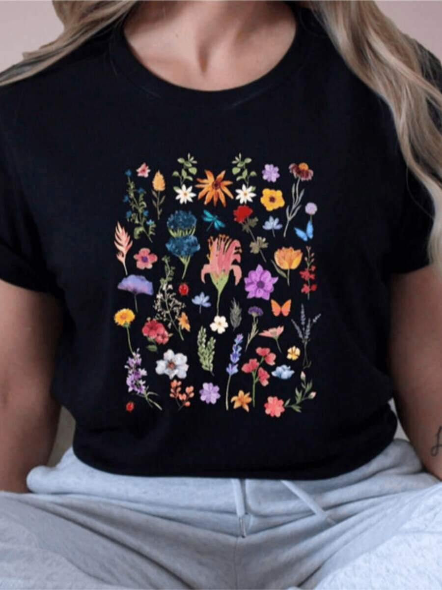 Flores multicolores representan la conexión entre naturaleza y energía positiva inspirando paz y alegría con un toque artístico moderno camiseta de mujer casual cómoda para uso diario - Negro - Ver 1