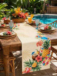 1pc-Hawaiian Pool Party Table Runner, Hibiscus Print Linen Table Runner, Suitable For Summer Luo Parties, Tiki Parties, Beach Weddings, Dining Tables, Coffee Tables, Indoor And Outdoor Party Supplies. - Multicolor - View 1
