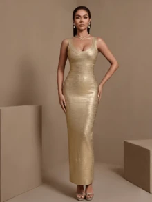 Elegant Women's Sleeveless Long Gold Knit Square Neck High Stretch Straight Minimalist Party Dress - Gold - View 3