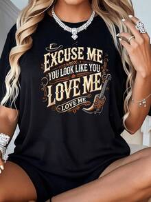 A Phrase Inspired By The Charm Of Self-Love And Confidence, Reflected In Vintage Lettering With Hat And Boot Details That Evoke Positive Energy. A Modern, Casual, Comfortable Women's T-Shirt For Everyday Wear. - 黑色 - 查看 8