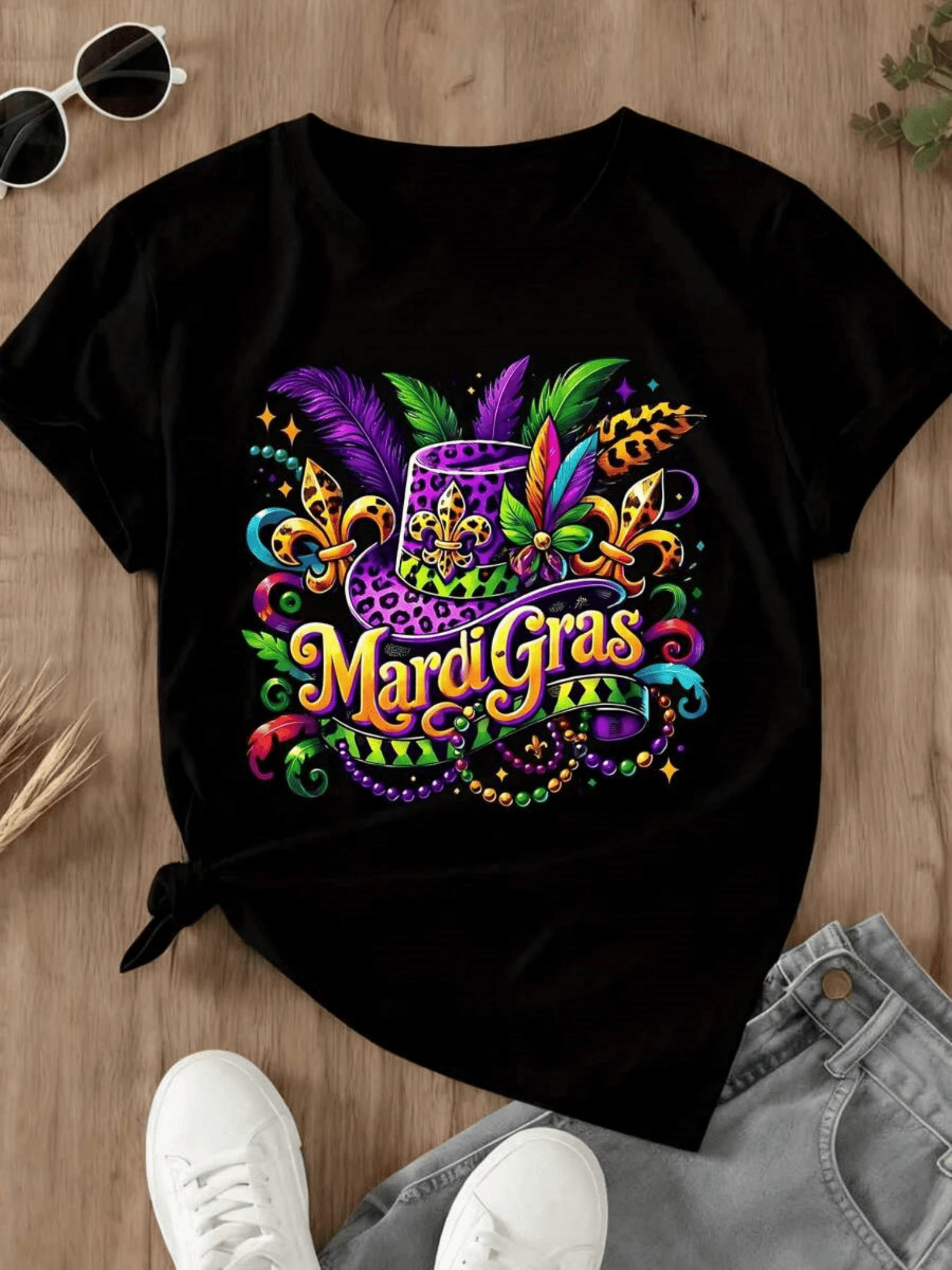 Sombrero festivo rodeado de plumas de colores brillantes cuentas doradas y símbolos alegres que evocan el espíritu de celebración de Nueva Orleans con energía única camiseta de mujer casual alegre cómoda ideal para fiesta - Negro - Ver 1