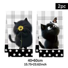 2pcs Cute Cartoon Black Cat Pattern Kitchen Towels, Soft Polyester Material Dish Cloths, Suitable For Kitchen Decor, Cleaning, Holiday Party Decoration, Kitchen & Bathroom Essentials, Home Decor, Housewarming Gift - Multicolor - View 3