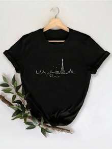 It Features An Artistic Design That Represents The Urban Elegance Of Paris With The Iconic Tower And Lines That Evoke Freedom And Adventure. Ideal For Dreamers, This Comfortable And Modern Casual Women's T-Shirt Is Perfect For Those With A Dreamy Spirit. - 黑色 - 查看 8