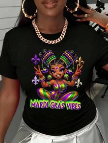 Colorful Figure With A Cheerful Woman In A Festive Pose Surrounded By Mardi Gras Symbols That Emit Positive Energy And Celebration; Modern Casual Comfortable Women's T-Shirt For Party And Summer - 黑色 - 查看 8