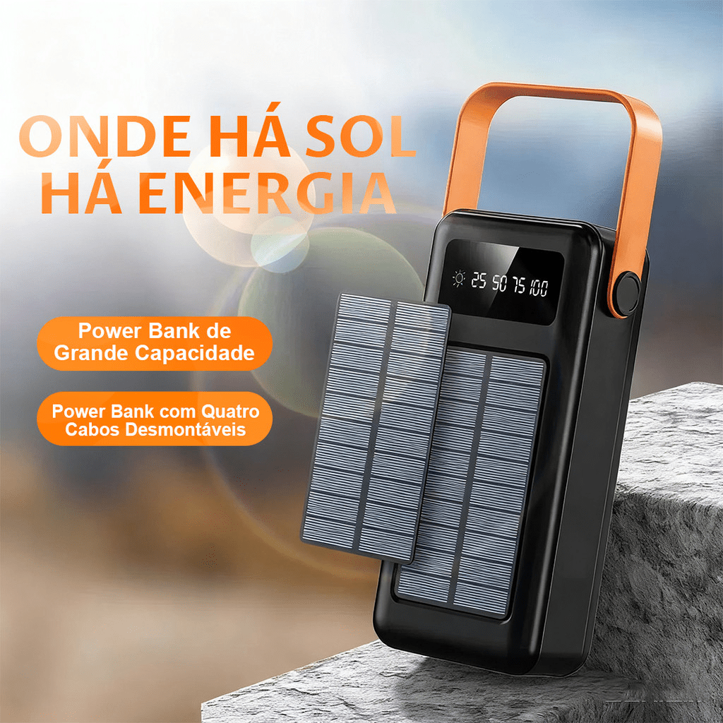 Power Bank 50000mAh com Carregamento Solar, Bateria Portátil de Alta Capacidade para Emergências