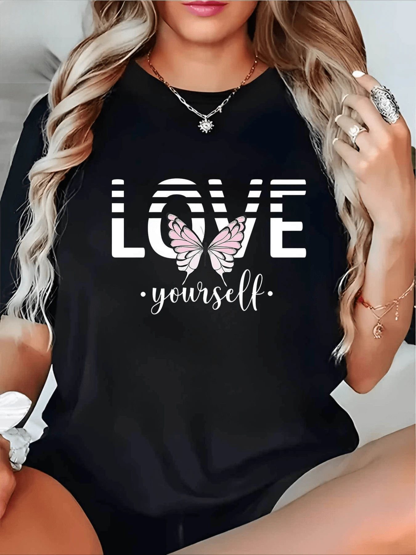 Words Expressing Love And Self-Acceptance Alongside A Pink Butterfly Symbolizing Freedom And Inner Beauty In Harmony. Modern, Casual, Comfortable Women's T-Shirt For Summer - Black - View 1