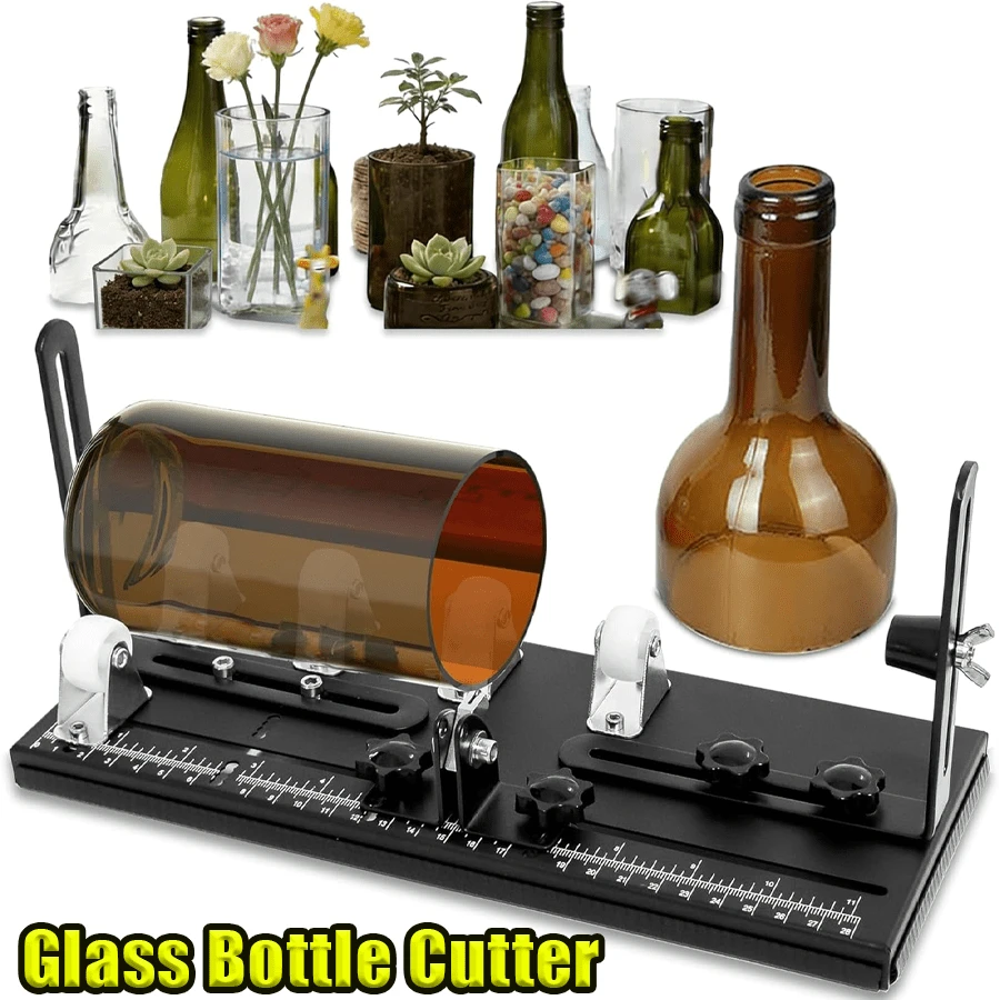 1PC Multi-Function DIY Glass Bottle Cutter Machine, Industrial Style Black Alloy Bottle Cutting Kit With Stable Rollers Scale Marking Precision Cutting Tool For Wine Beer Liquor Bottles Craft Projects Party Decorations