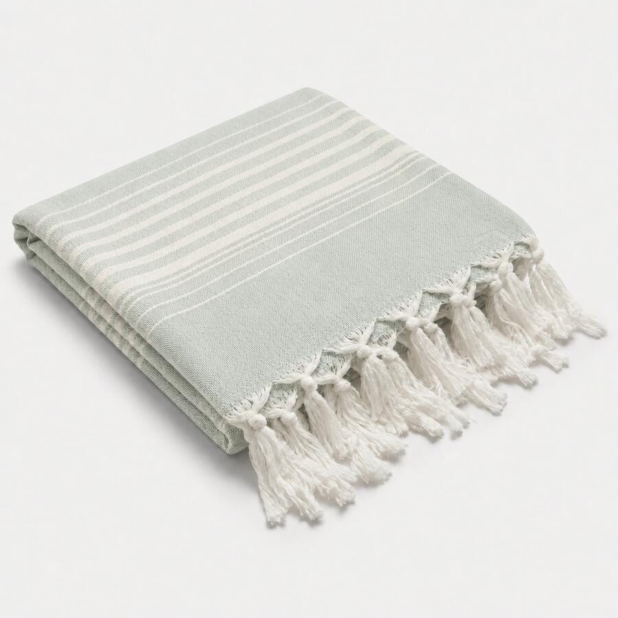 100% Cotton Turkish Beach Towel - Striped Peshtemal With Tassels- Quick-Dry & Soft Boho Beach Blanket - Pastel Green - View 1