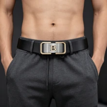 1條男士自動扣皮帶 - 男士皮革腰帶 3.5cm 正裝褲用 - 可調節腰帶飾邊，合金扣 - 黑色 - 查看 4
