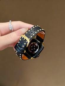 Tương thích với Apple Watch, dây đeo da cao cấp đính đinh tán mới, kích thước 38/40/41/42/44/45/46/49mm, dành cho Ultra/SE 2/SE 1/Series 11/10/9/8/7/6/5/4/3/2/1 - màu đen - Xem 3