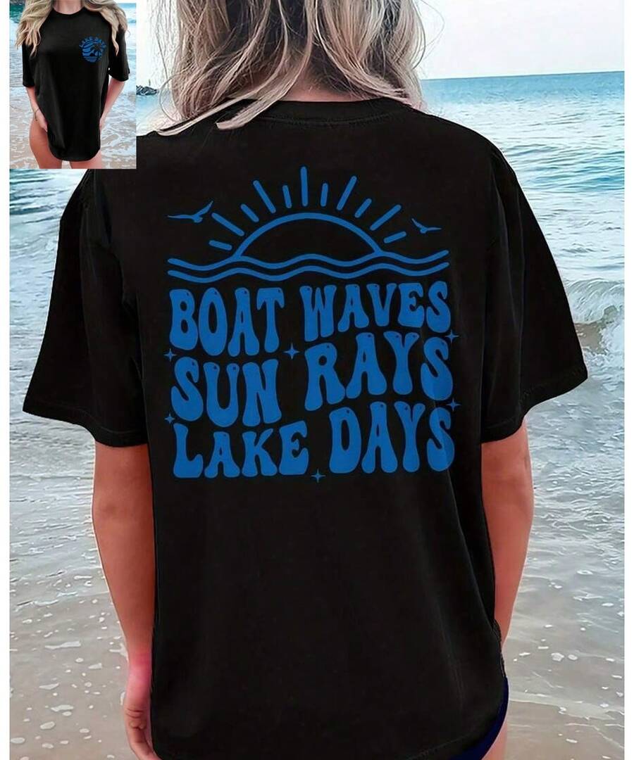 Cotton T-Shirt-[Double-Sided Print]Boat Letter Print Short-Sleeve Round Neck T-Shirt-Short Sleeve Crew Neck T-Shirt-Vacation Outfits Women-Summer Tops - 黑色 - 查看 1