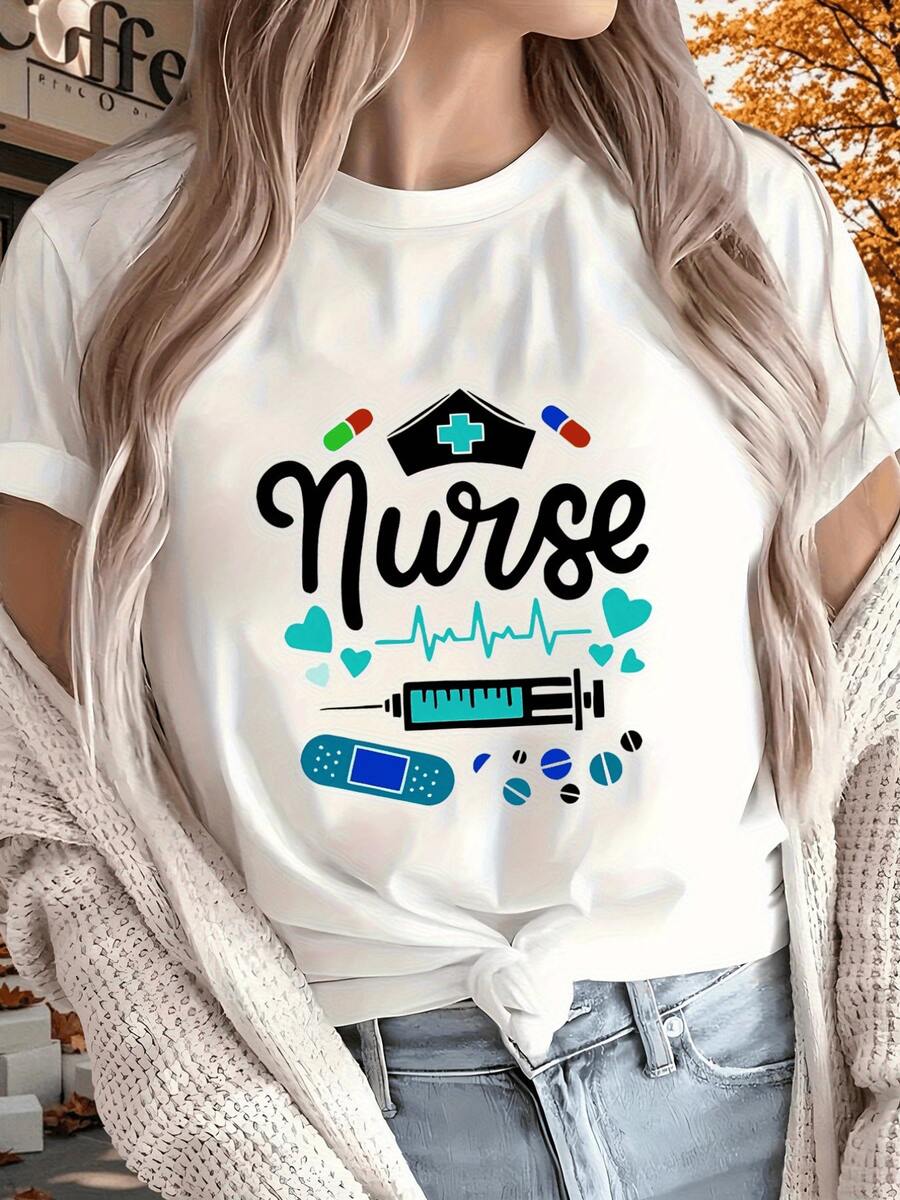 It Symbolizes The Effort And Dedication Of Healthcare Staff With Graphics Of , Hearts, Pills, And A Nurse's Cap, Highlighting Compassion In Every Detail. Comfortable Casual Women's T-Shirt For Everyday Wear - 白色 - 查看 1