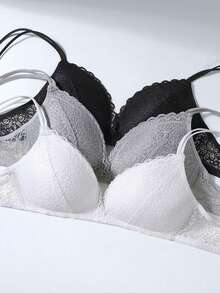 3pcs/Set Women's Wireless Lace Bralette With Removable Straps, Small Bust Triangle Cup Bra - Multicolor - View 3