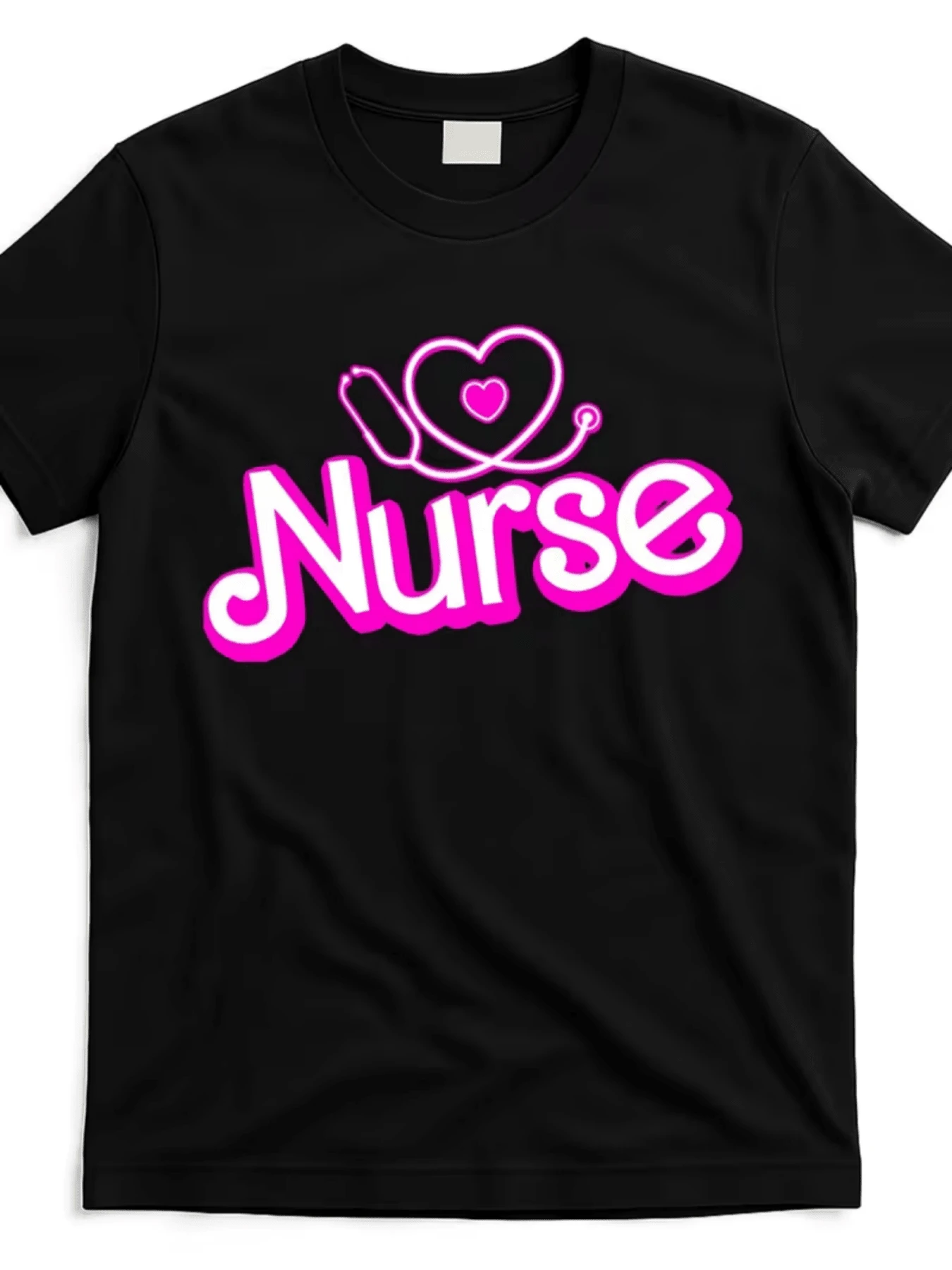 A Heart Formed With A Stethoscope Symbolizes Dedication And Love For Caring For Others, With The Word "Nurse" In Bright Pink Letters Reflecting Professional Pride And Compassionate Spirit. This Comfortable, Modern, Casual Women's T-Shirt Is Ideal As A Gift For Nurses. - 黑色 - 查看 1