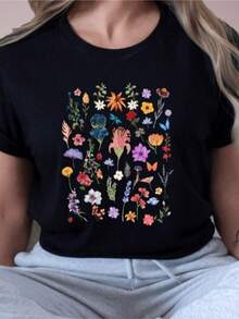 Flores multicolores representan la conexión entre naturaleza y energía positiva inspirando paz y alegría con un toque artístico moderno camiseta de mujer casual cómoda para uso diario - Negro - Ver 8