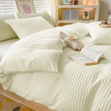 Double-Layer Quilt Cover Set - Light-Colored Fringed Velvet Ball Bedding Set (3-Piece Set) Including 2 Pillowcases. Soft And Comfortable Microfiber Double-Layer Bedding Set With Zipper Closure. Suitable For All Seasons (200x200 Cm) - Seersucker (Beige) - View 13
