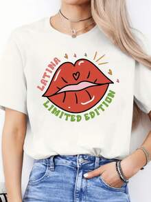 Red Lips With A Heart Symbolizing Passion, Joy, And Latin Pride, Surrounded By Vibrant Colors That Celebrate Feminine Strength. Limited Edition Women's Casual Modern T-Shirt - 白色 - 查看 1