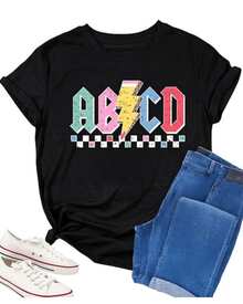 Colorful Lettering Representing Vital Energy And Creativity, Accompanied By A Yellow Lightning Bolt Symbolizing Strength And Movement, Forms A Modern, Harmonious, Comfortable Casual Women's T-Shirt For Everyday Wear. - 黑色 - 查看 8