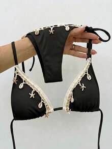 Bikinx Women Solid Color Stitching Ribbon Shell Decoration Triangle Cup Lace-Up Bikini Set For Beach Vocation Summer - Black - View 1