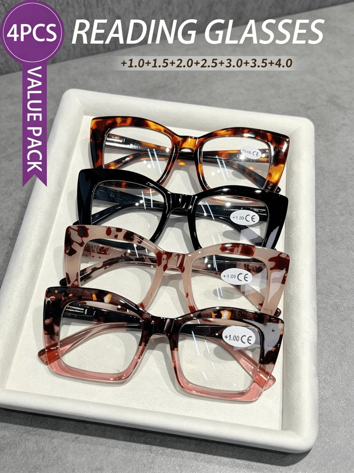 4 Pack Unisex Oversized Vintage Tortoise Cat Eye Reading Glasses, Multi-Color Value Set For Work & Daily Use, Perfect Gift For Elders