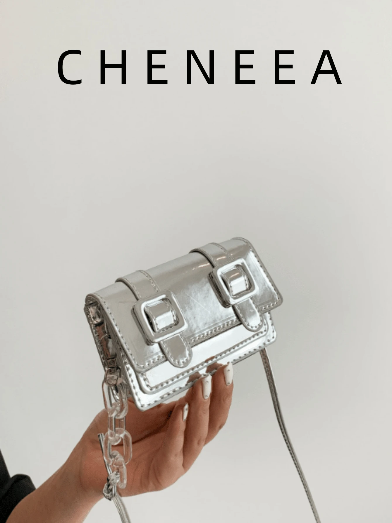 New Mini Square Bag For Spring/Summer, Decorated With Belt, Flap Opening, Chain & Belt Strap, Small Capacity Lightweight Minimalist Crossbody Bag - Silver - View 1