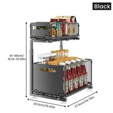 1 étagère de rangement pour évier, étagère de rangement coulissante à double niveau grande capacité, étagère de rangement pour placard de cuisine, étagère de rangement de salle de bain avec panier coulissant en métal, utilisée pour ranger les épices, les collations et les articles ménagers - Voir 2