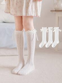 3 Pairs Girls White Lace Bow Knee High Socks, Breathable Mesh Ruffle Princess Socks Suitable For Girls' Daily Wear And Parties - Multicolor - View 1