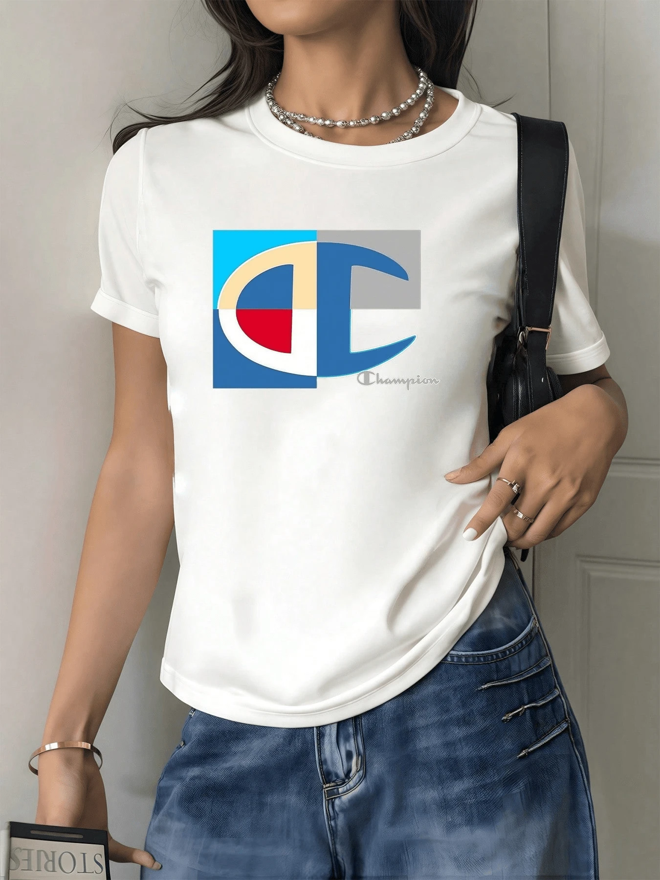 Geometric Symbol With Blue, Red, And Beige Colored Shapes That Conveys Energy, Balance, And Creativity On An Elegant Background. Women's Casual, Modern, And Comfortable T-Shirt For Everyday Wear. - 白色 - 查看 1