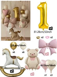 24pcs Wooden Horse, Beige Bear, Pink Bow, Gold Numbers (0-9), Colorful Heart Foil Balloons Set, Suitable For Anniversary, Birthday Party Decoration, Shower, Room Background Decor - Trojan Horse + Golden Number Set - View 10