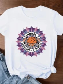 Hands Holding A Basketball Symbolizing Strength, Hope, And Unity In The Fight To Find A Cure, Surrounded By Purple Sparkles Inspired By Positive Energy. Women's Casual, Modern, Comfortable T-Shirt For Everyday Wear. - 白色 - 查看 1