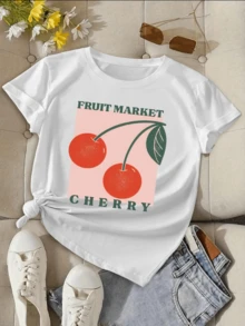 Two Bright Red Cherries Symbolize Sweetness, Energy, And Freshness, Recalling The Joy Of The Fruit Market On Sunny Days. This Comfortable, Casual Women's T-Shirt Is Ideal For Relaxed And Colorful Moments. - 白色 - 查看 6