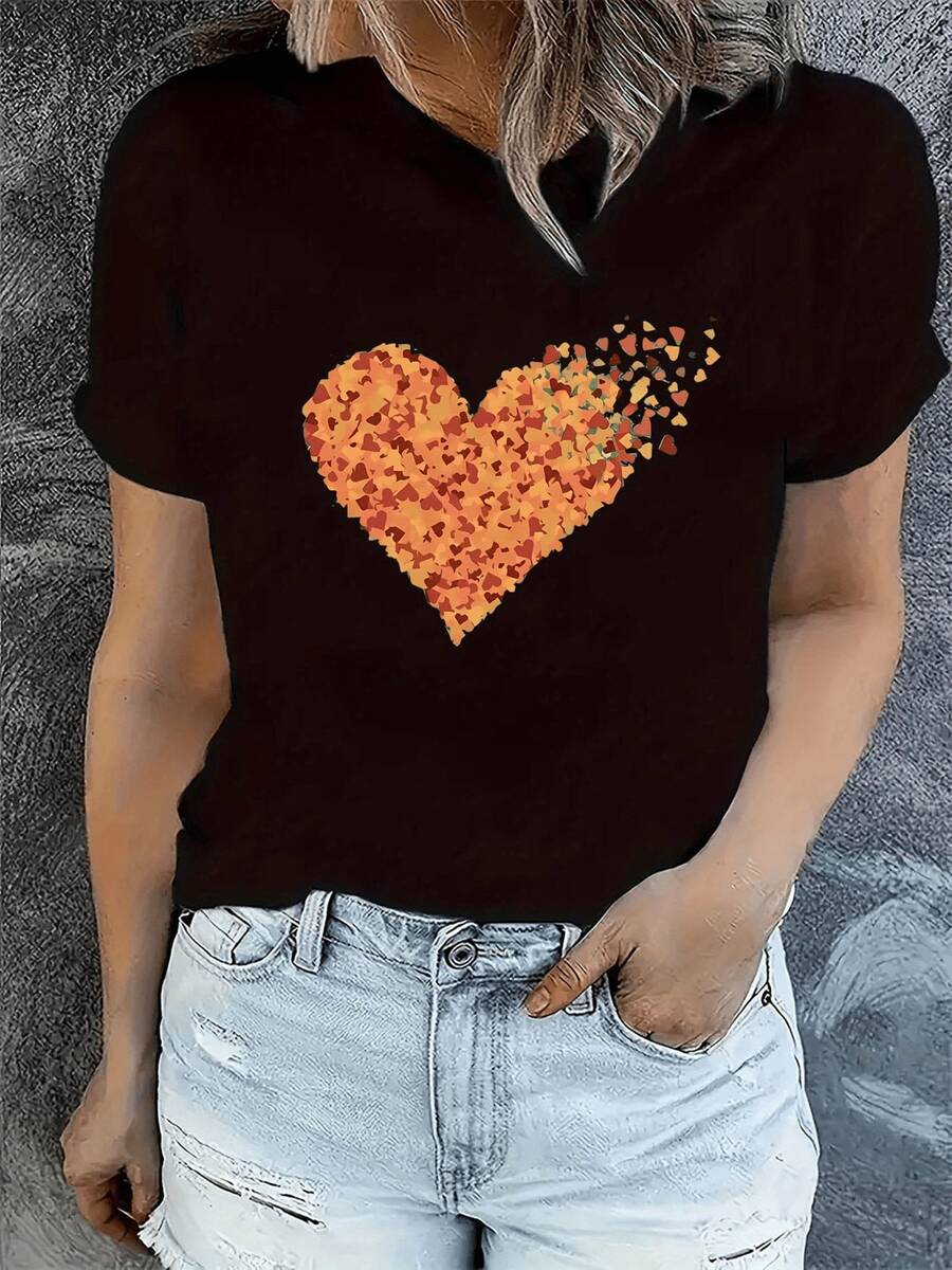Heart Formed By Small Leaves That Seem To Float Gently, Representing Freedom And Love That Dissolves In The Wind. Modern And Casual Women's T-Shirt, Perfect For Everyday Wear. - 黑色 - 查看 1