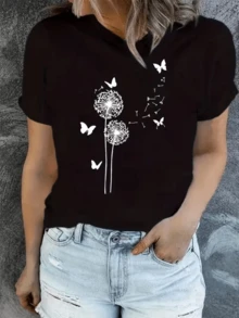 Dos flores de diente de león que se desvanecen con el viento rodeadas de mariposas simbolizan libertad esperanza y sueños que vuelan hacia nuevos comienzos camiseta de mujer casual cómoda para uso diario - Negro - Ver 1