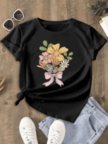 Colorful Flowers Symbolize Vitality, Hope, And Harmony In A Bouquet Adorned With A Pink Ribbon That Conveys Sweetness And Positive Energy. A Comfortable, Casual Women's T-Shirt, Perfect For Cheerful And Relaxed Days. - 黑色 - 查看 1