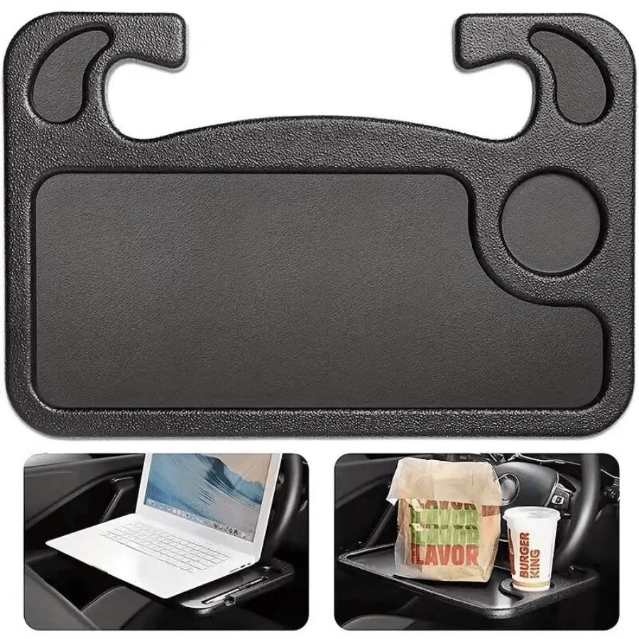 1Pc 2-In-1 Black Steering Wheel Tray. Sturdy Hard Plastic, Durable And Anti-Deformation. Holds Meals, Laptops And Drinks. Easy To Mount, Fits Most Cars For Parking Use. - Multicolor - View 1