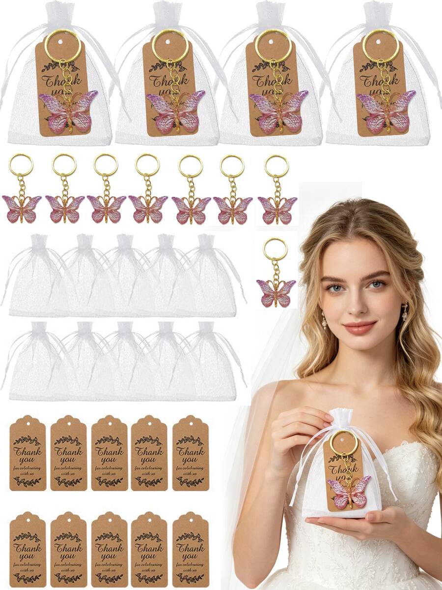 15/3pcs Purple Butterfly Keychain Set, Includes Butterfly Shaped Keychains, Thank You Cards, White Bags, Wedding Party Decor, Bridesmaid Gifts, Bridal Shower Favors, Wedding Souvenirs, Suitable For Wedding Guest Gifts Or Favors, Perfect For Gifting - Multicolor - View 1