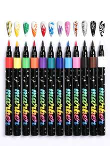 12pcs Nail Art Markers, Waterproof Nail Painting Pens With Abstract Line, Floral Design For Nail Art DIY, Precise 3D Nail Marker Pens - Multicolor - View 7