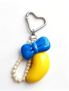 Unique & Interesting 3D Contrast Bow Pendant, Faux Pearl Chain Keychain, Fresh & Sweet Contrast Color Bow Packaging Accessory, Fashion 3D Design Heart Buckle With Pearl Chain Creative Bag Charm - Blue - View 6