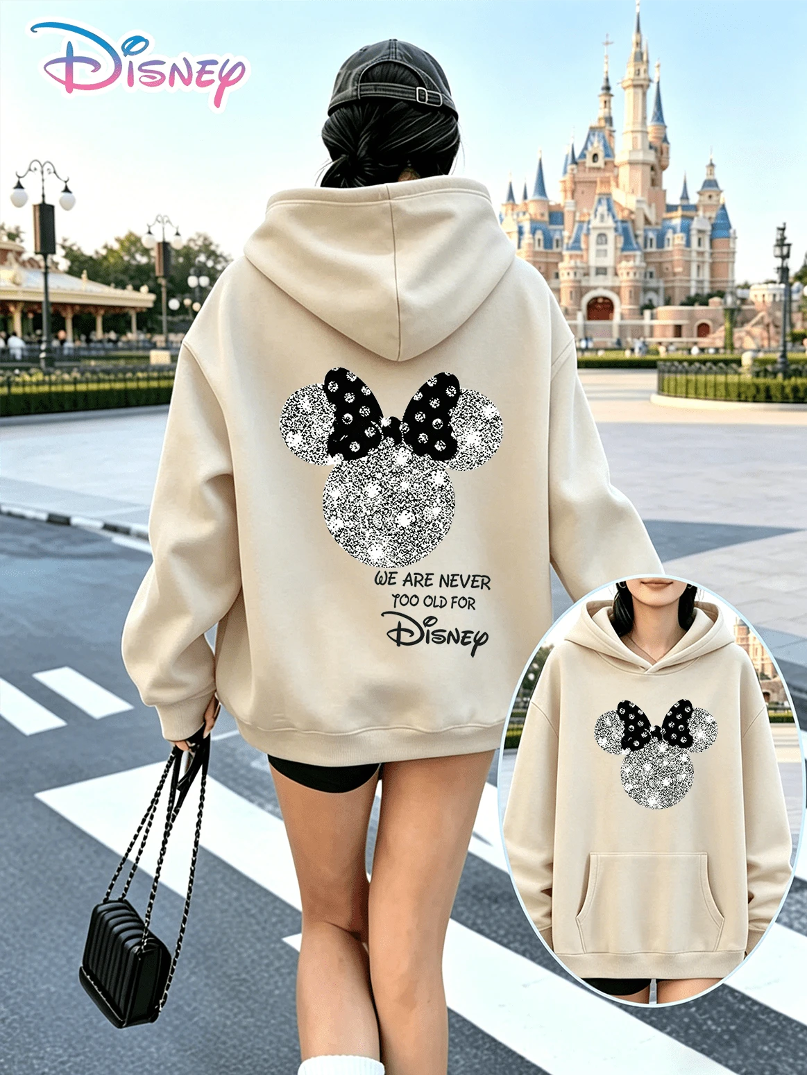 Disney's Sweet And Cool Minnie Mouse Series Y2K Printed Sweatshirt "We Are Never Too Old" Is A Fun, Loose-Fitting Top With A Casual Print. A Perfect Choice For A Casual And Versatile Holiday Gift. (Women's Autumn/Winter Clothing/Elegant Women's Outfits/Patterned Hoodies/Printed Tops/Casual Outfits For Women/Women Trending Now/Holiday Co-Ord/Plus Size Friendly) - Màu be - Xem 1