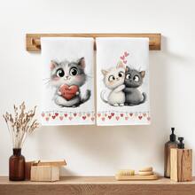 2pcs Cute Cartoon Hugging Cats Pattern Kitchen Towels, Soft Polyester Material Dish Cloths, Suitable For Kitchen Decor, Cleaning, Holiday Party Decoration, Kitchen & Bathroom Essentials, Home Decor, Housewarming Gift - Multicolor - View 6