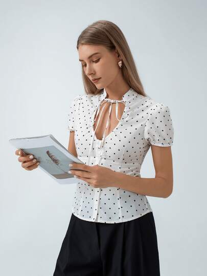 HZXVIC Women's Summer New White Polka Dot Puff Sleeve Cute Blouse, Tie Collar, Button Front, Fitted Shirt